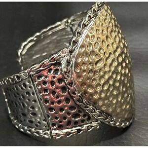 Hammered Mixed Metal Domed Cuff Bracelet  Scalloped Edge Statement Clamper